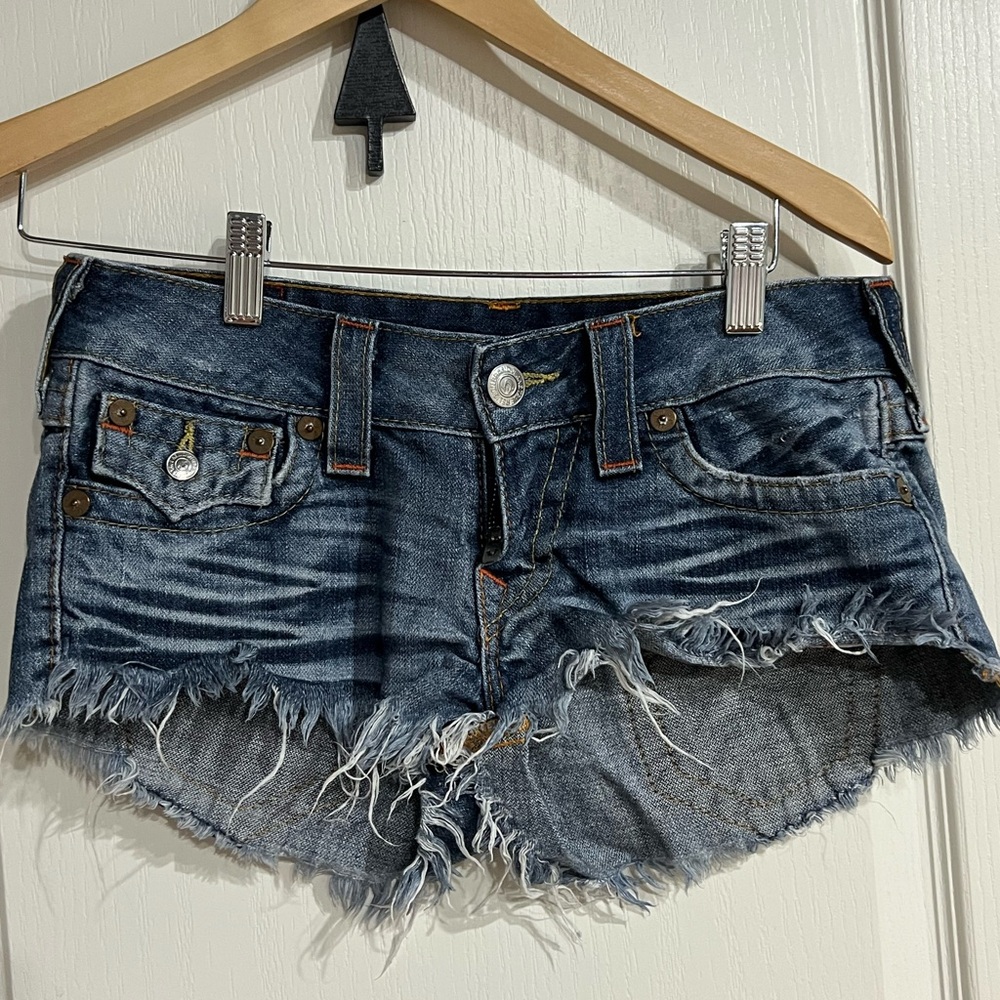 True Religion Blue Jean Shorts Distressed Cut-Off Style